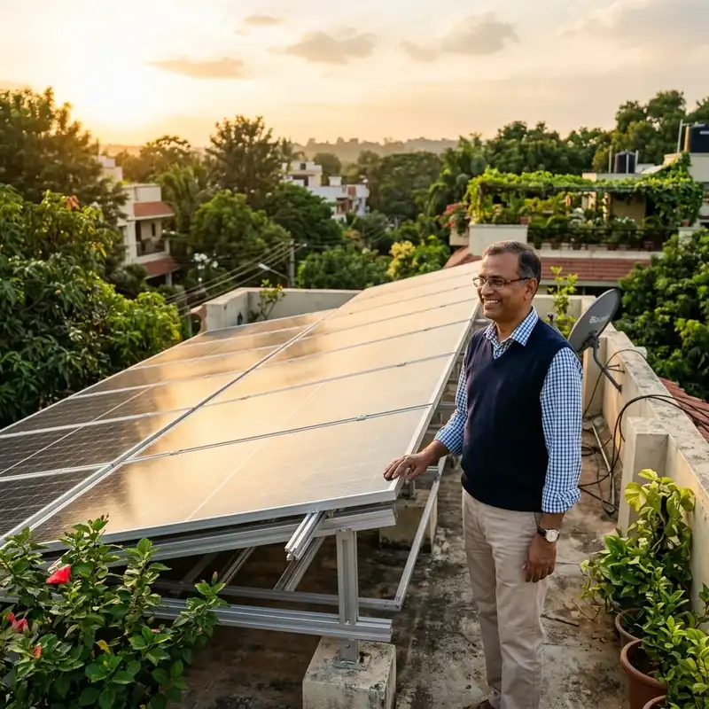 Indian homeowner with rooftop solar panels